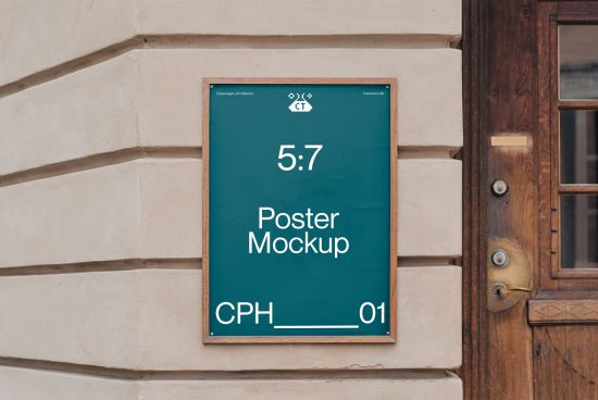 Outdoor poster mockup on building wall next to wooden door, realistic urban setting, presentation template, design asset for graphic designers.